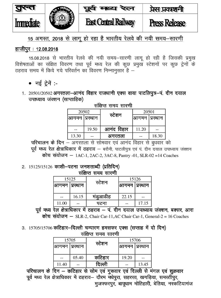 East Central Railway New Time Table 20232024 IRCTCPORTAL